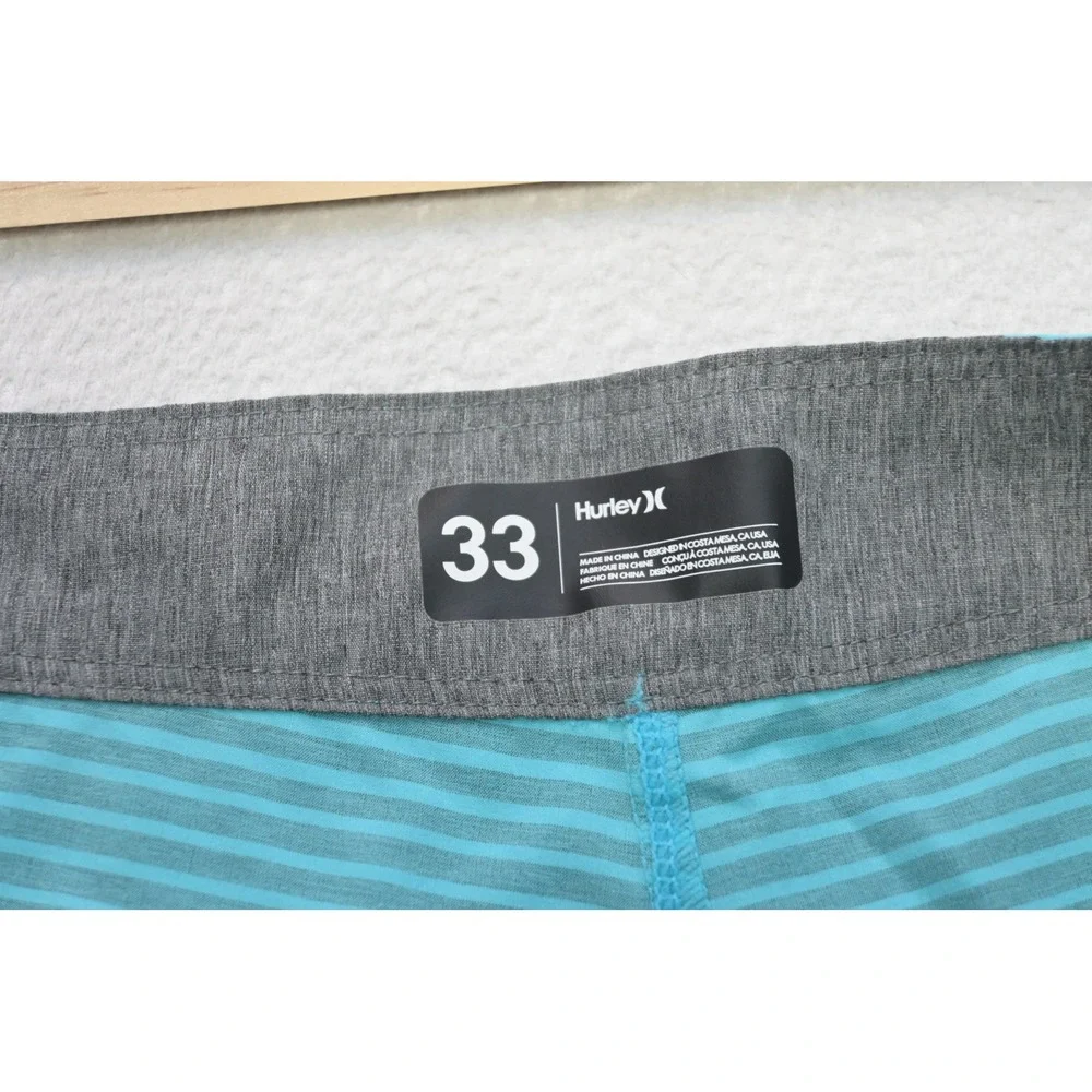 Hurley Board Shorts Mens 33 Turquoise Black Striped Swim Trunks Excellent
